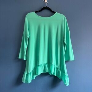 Cato Seafoam Tunic Woman's Size Medium Blue Green Ruffle Chiffon Stretch Flawed